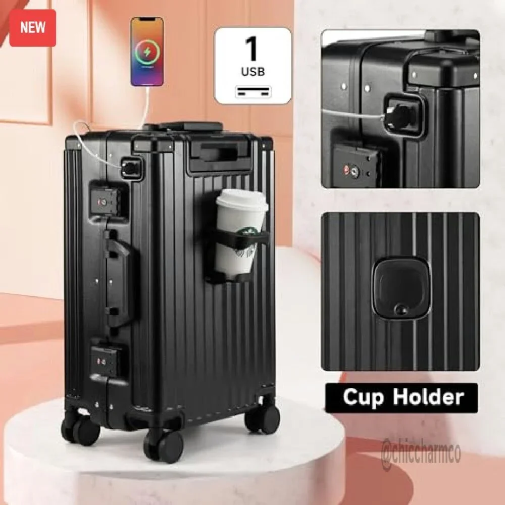 20 Inch Hard Shell Carry On Luggage with USB Port & Cup Holder